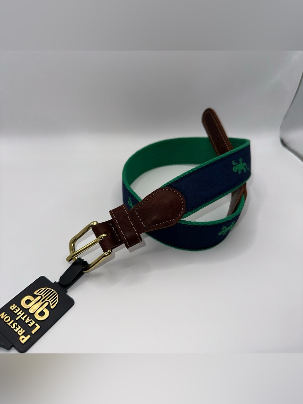 Kids Navy and Green Embroidered Canvas Belt with Brown Leather Trim